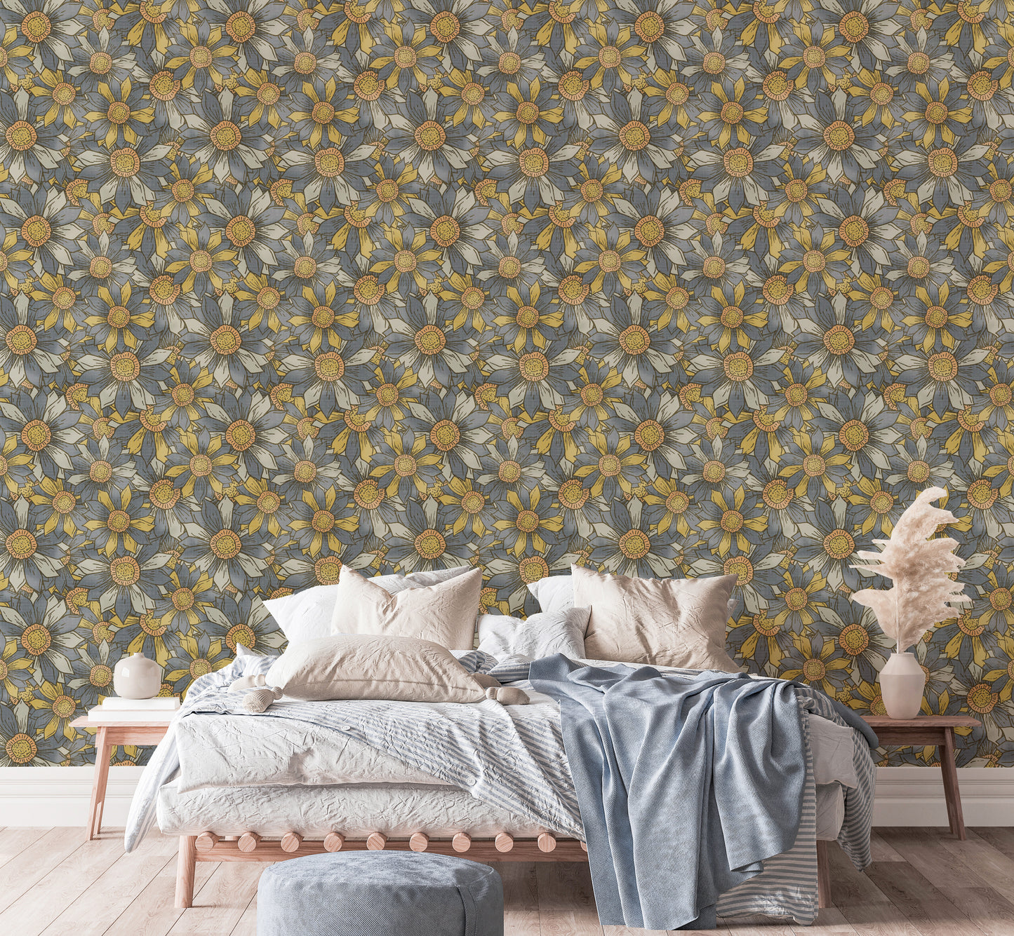 Boho Maximalist Flowers Golden and Gray Wallpaper