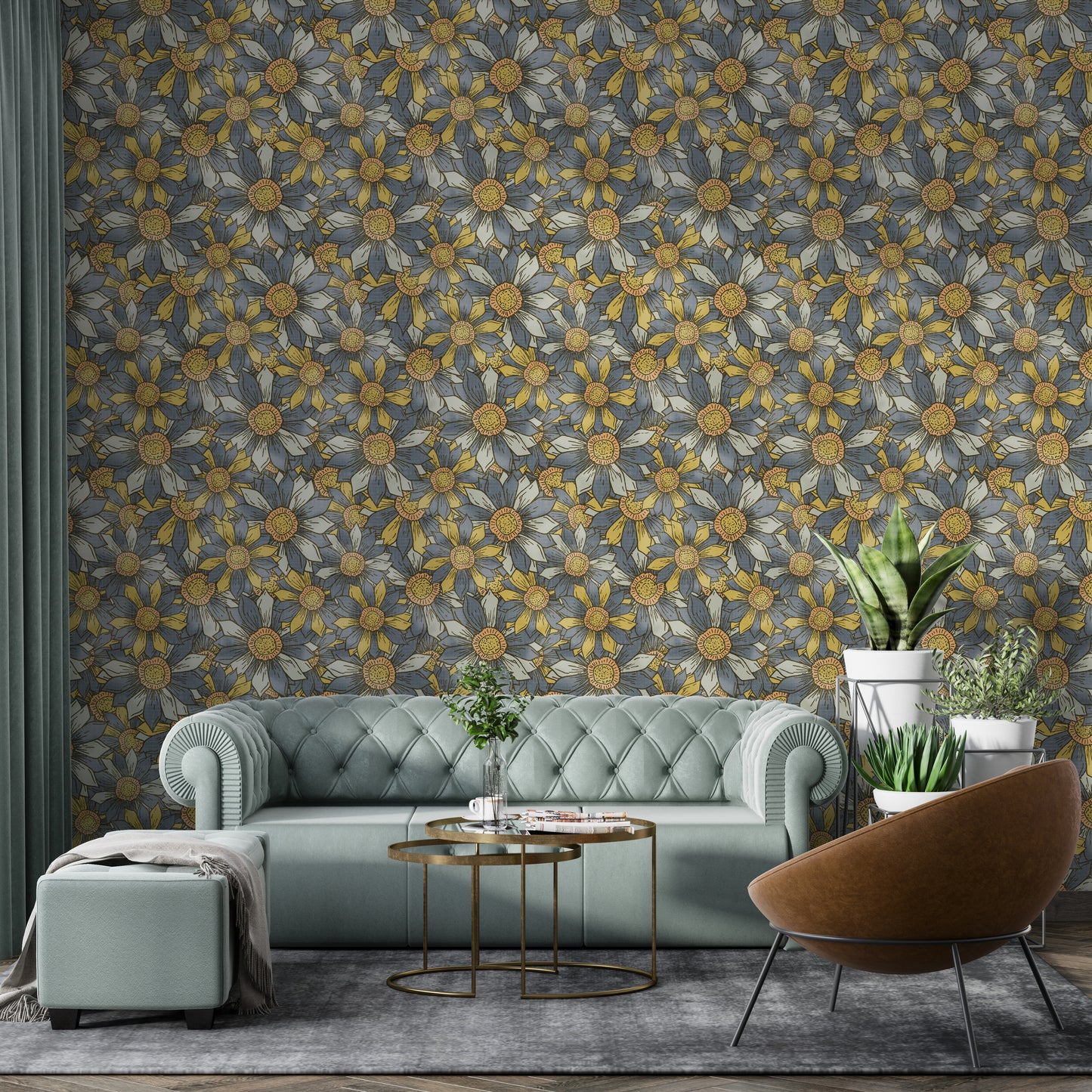 Boho Maximalist Flowers Golden and Gray Wallpaper