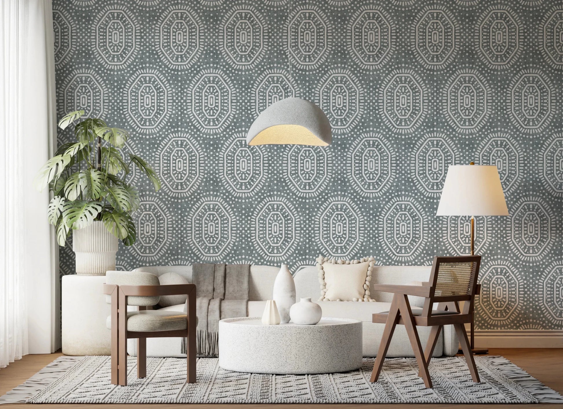 Boho Octagons Crochet Grunge Calming Blue Wallpaper⁠