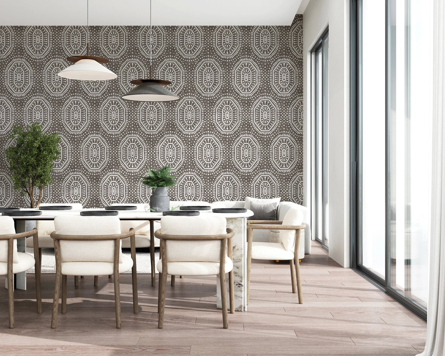 Boho Octagons Crochet Grunge Dark Bark Wallpaper⁠