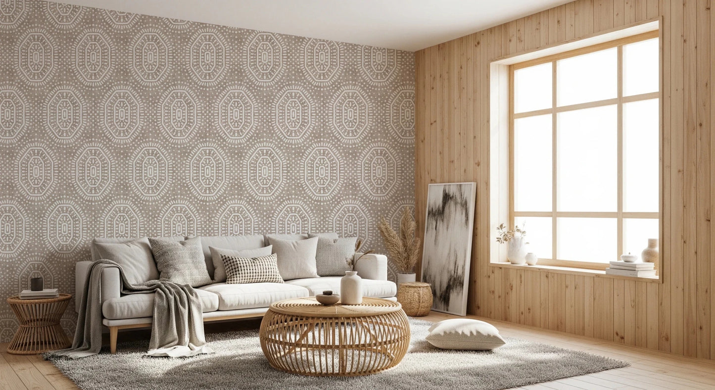 Boho Octagons Crochet Grunge Earthy Beige Wallpaper⁠