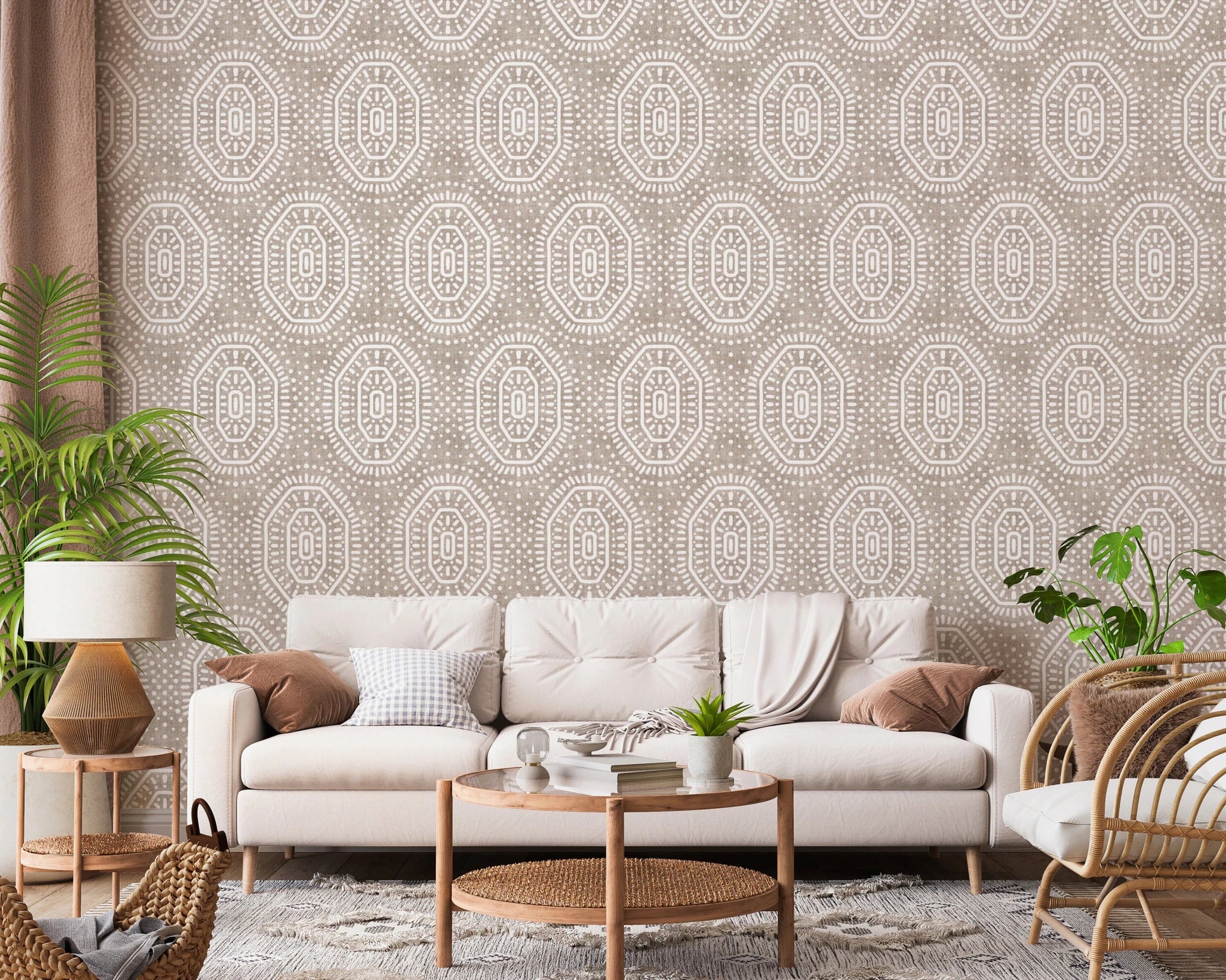 Boho Octagons Crochet Grunge Earthy Beige Wallpaper⁠