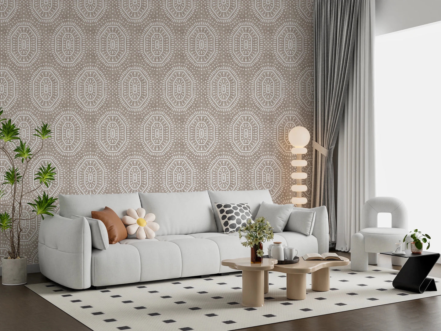 Boho Octagons Crochet Grunge Earthy Beige Wallpaper⁠