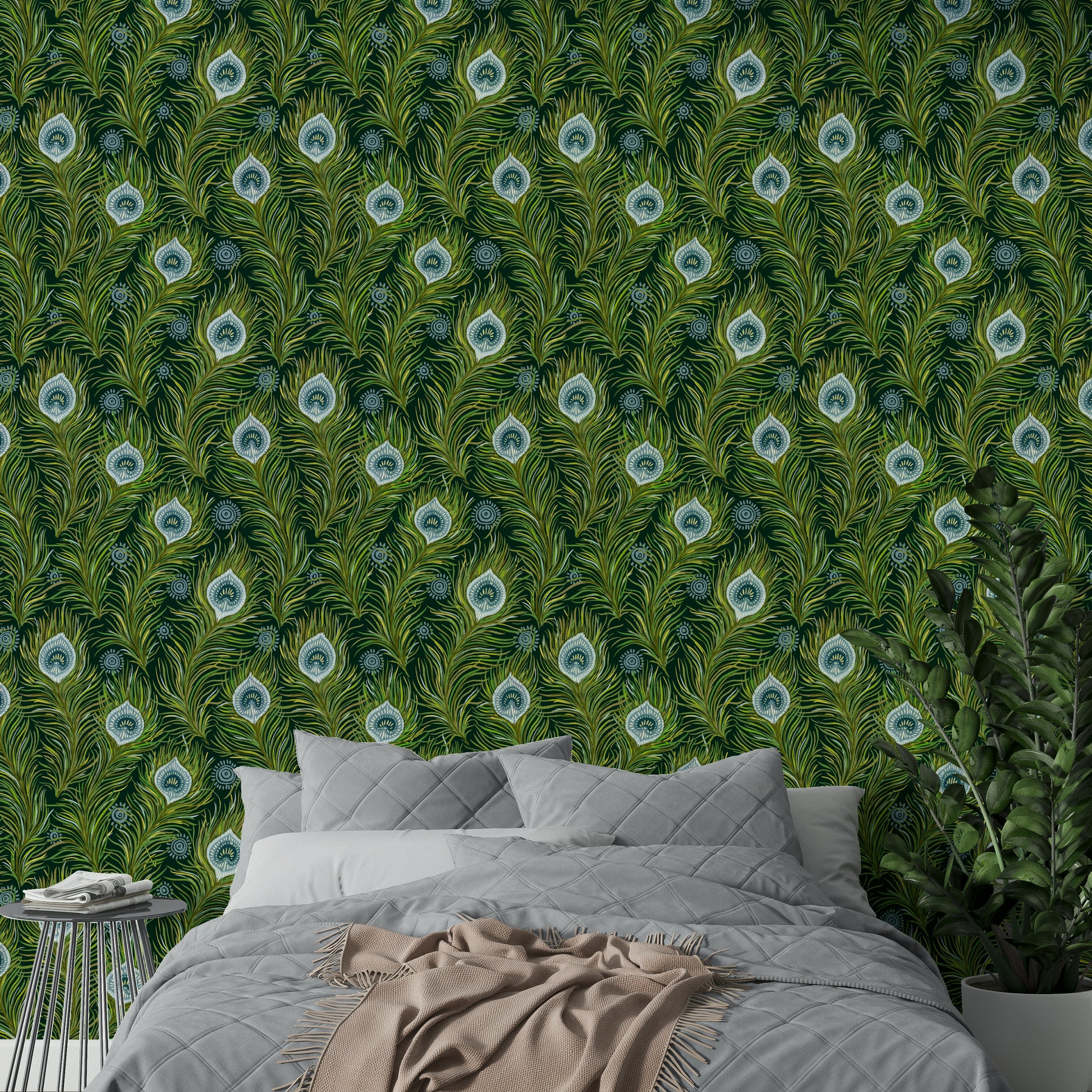 Dark wallpaper with boho chic peacock feather design

