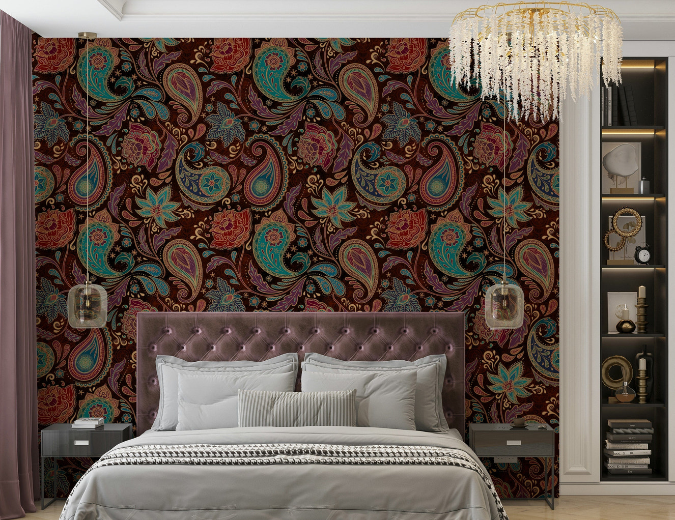 The design is rich with jewel-toned colors, with an emphasis on deep ruby red.
