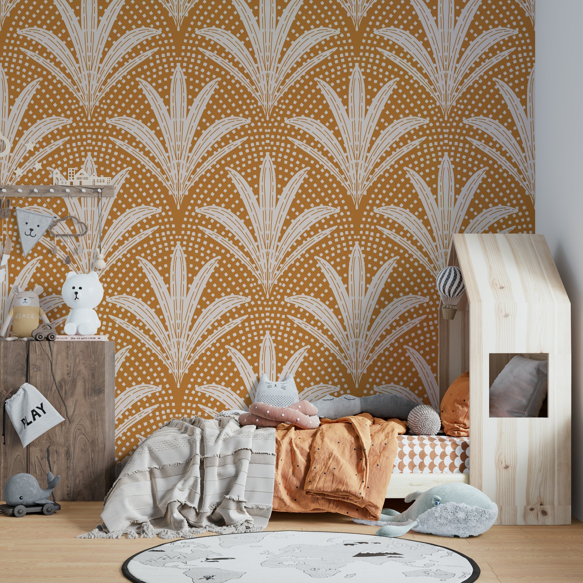 Warm caramel brown wallpaper with boho palm design

