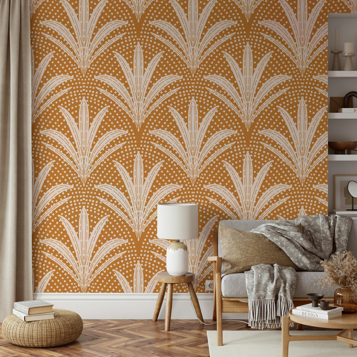 Rustic wallpaper featuring palm leaf design in brown

