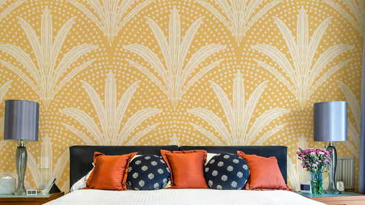 Boho rustic palm leaves wallpaper in golden ochre

