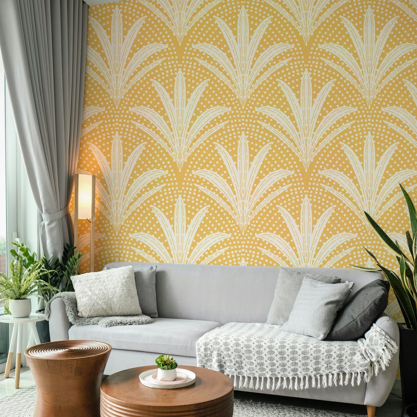 Palm leaf wallpaper with a golden ochre rustic vibe

