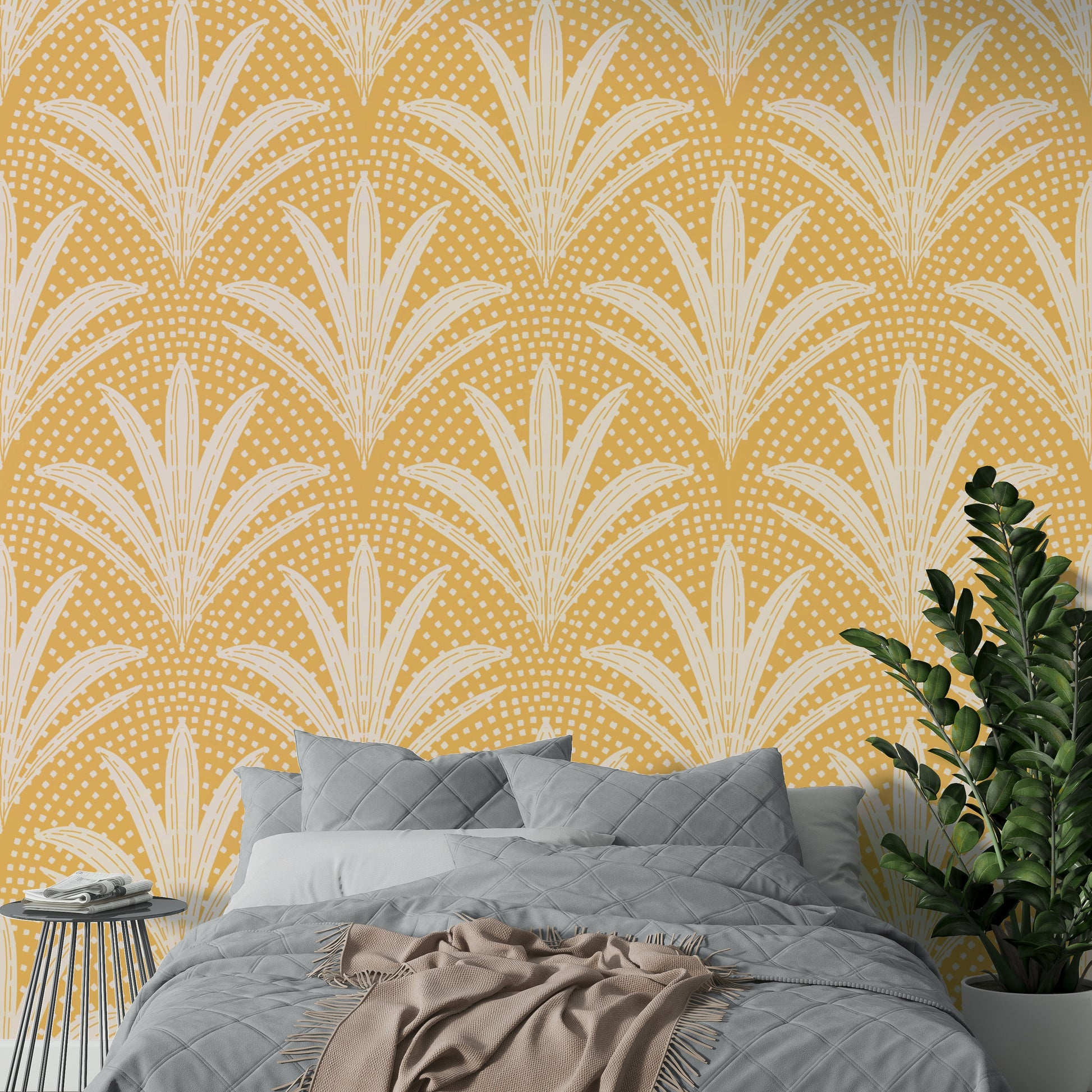 Golden ochre wallpaper with tropical palm design

