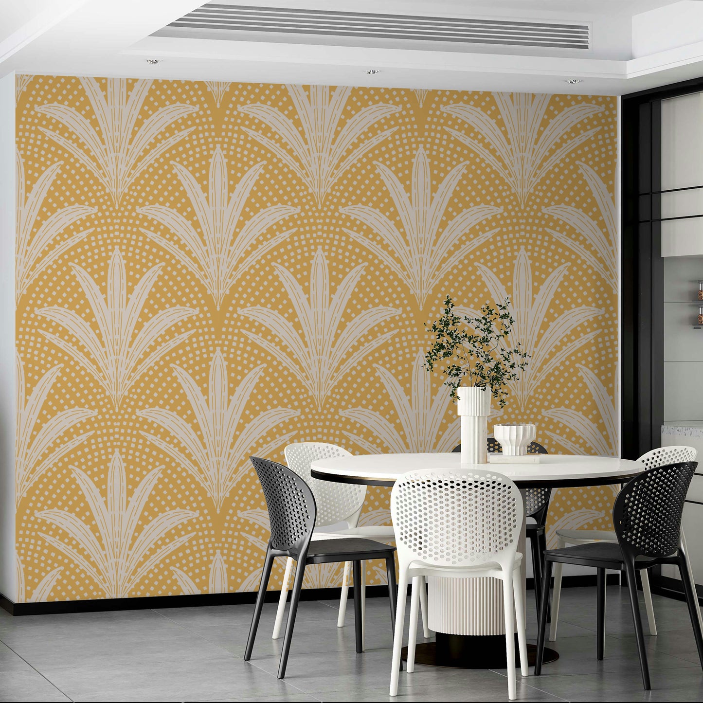 Golden ochre palm wallpaper with rustic boho style

