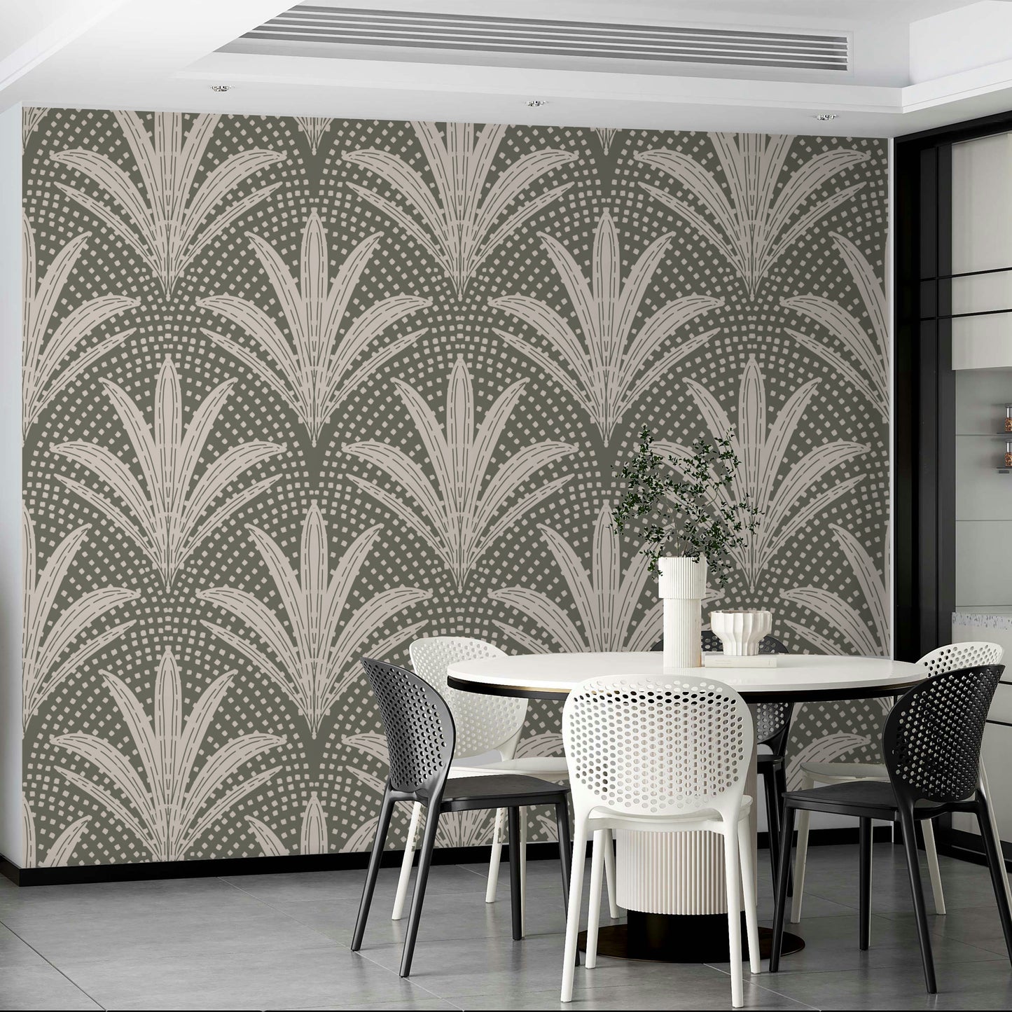 Grey boho wallpaper featuring palm leaf motifs

