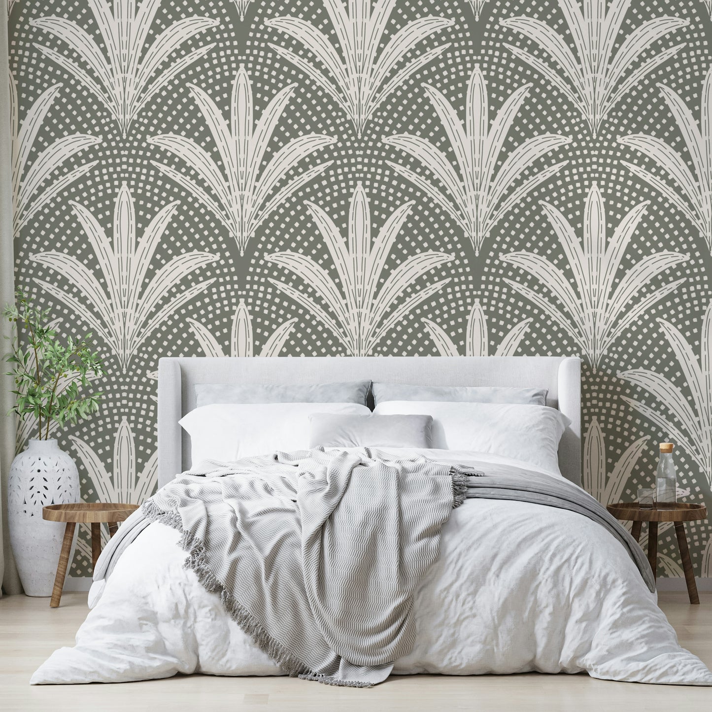Palm leaf pattern wallpaper with rustic boho style

