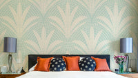 Boho rustic palm wallpaper in soft blue tones

