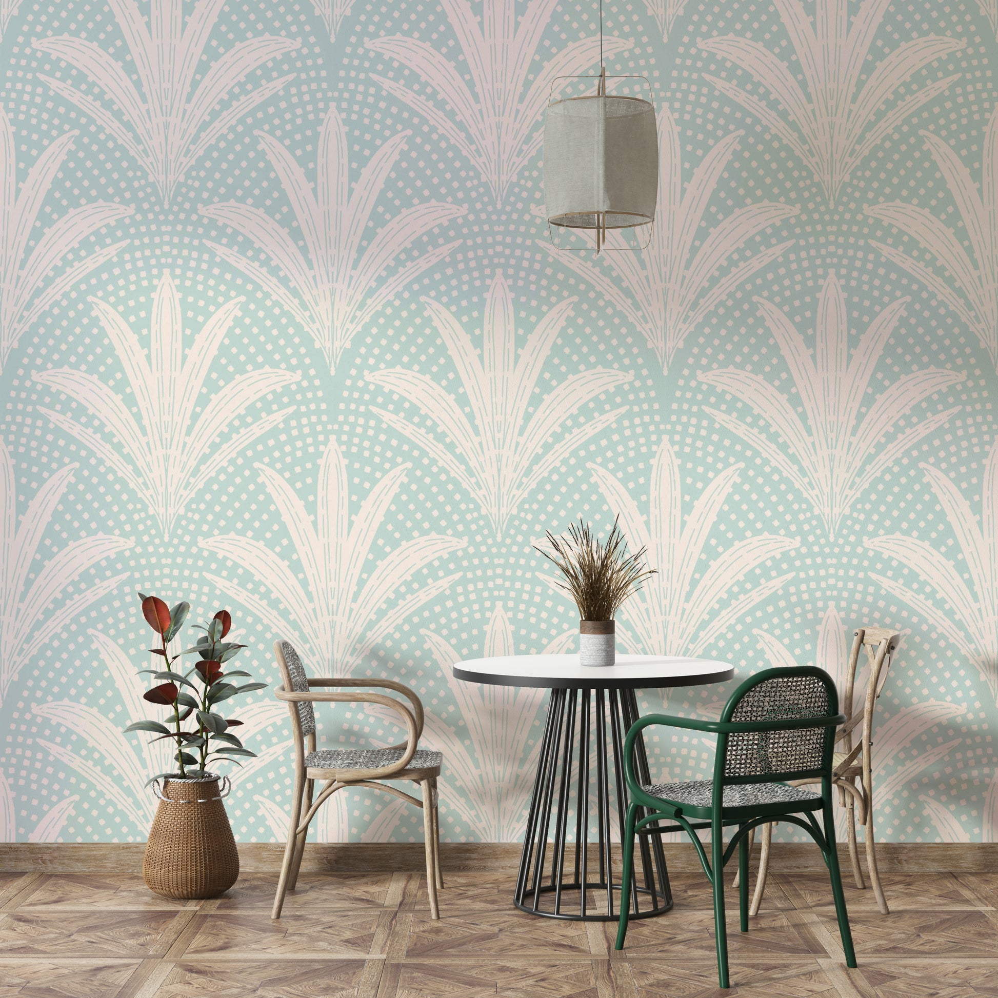 Soft blue palm leaves on rustic boho wallpaper


