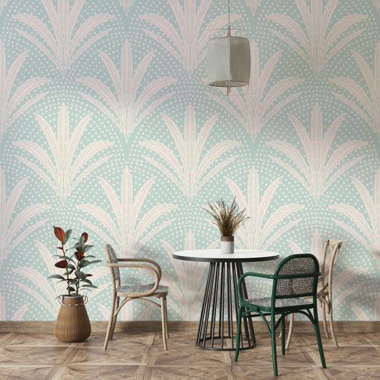 Soft blue palm leaves on rustic boho wallpaper

