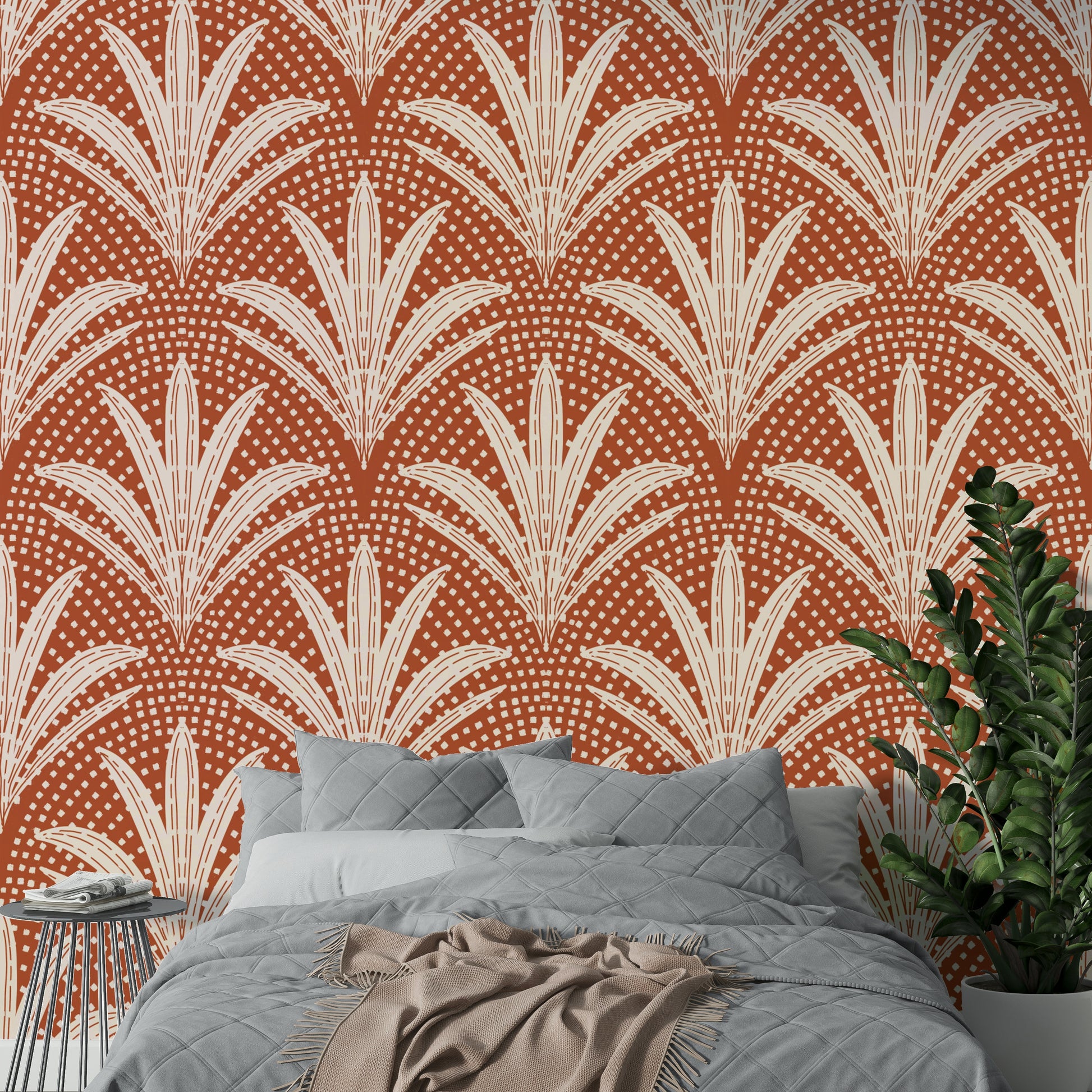 Boho style wallpaper featuring terracotta palm leaves

