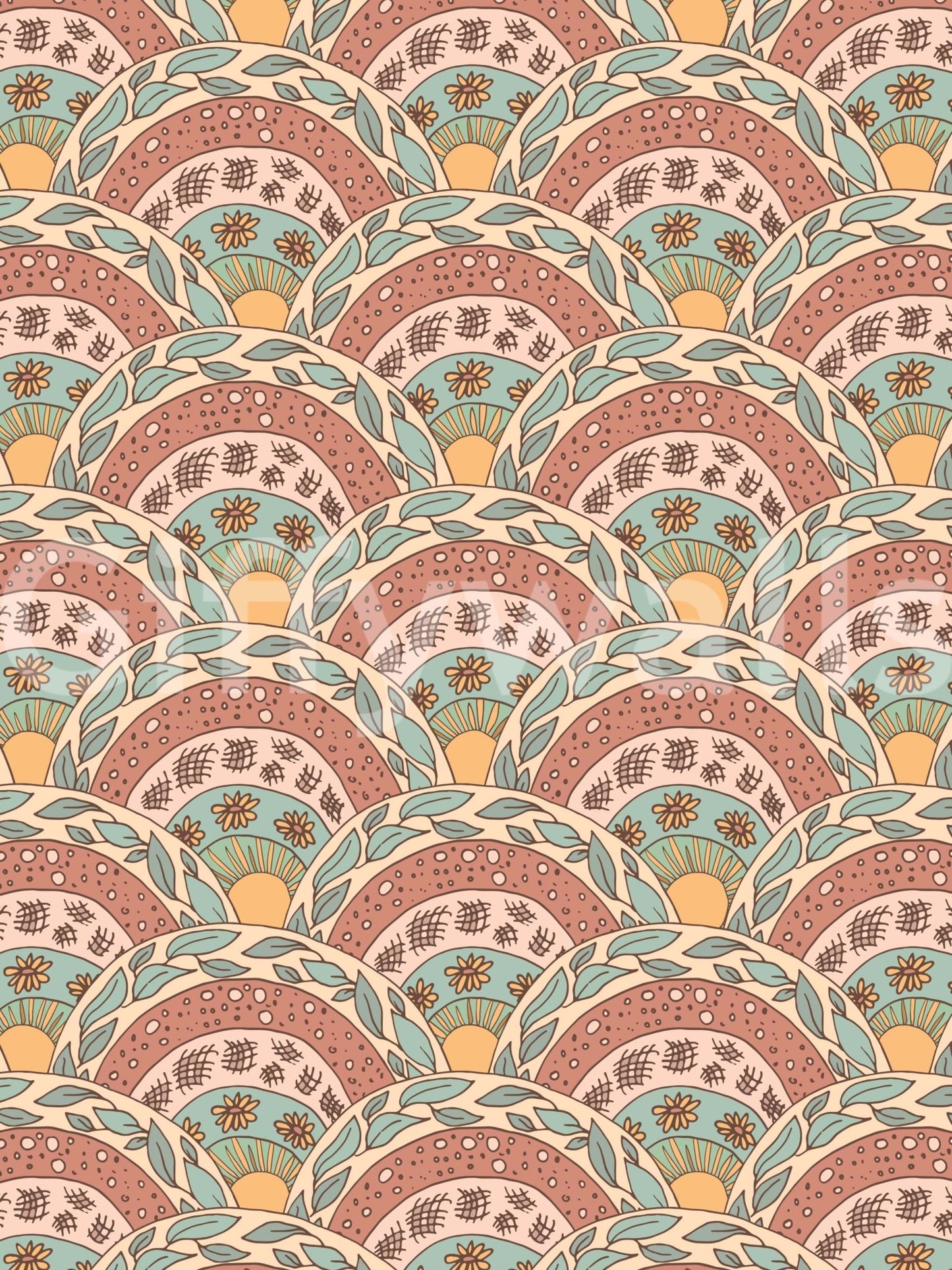Stylized boho flowers with radiant centers creating a dreamy sunburst effect.