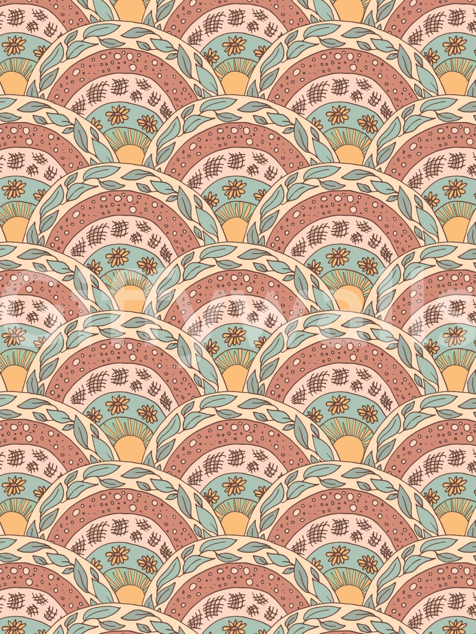 Stylized boho flowers with radiant centers creating a dreamy sunburst effect.