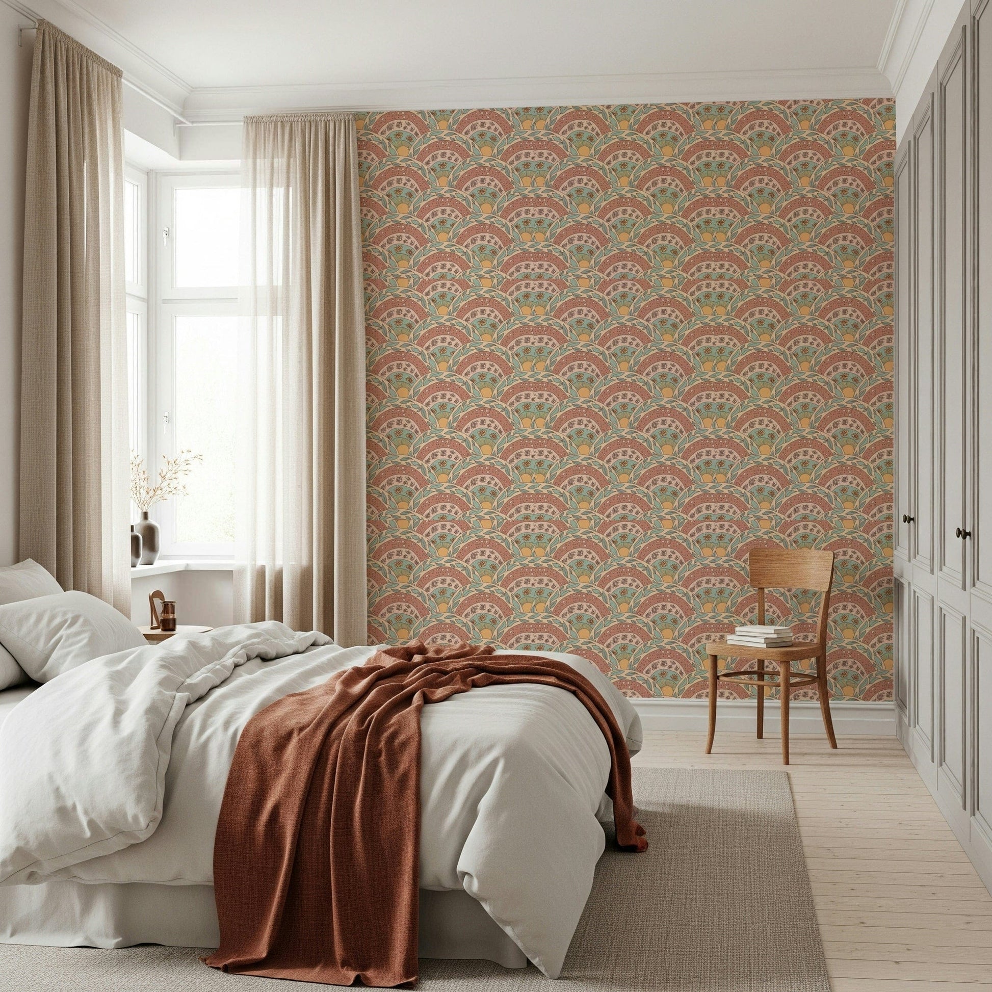 Sunburst-inspired bloom design featuring soft bohemian colors and organic shapes.