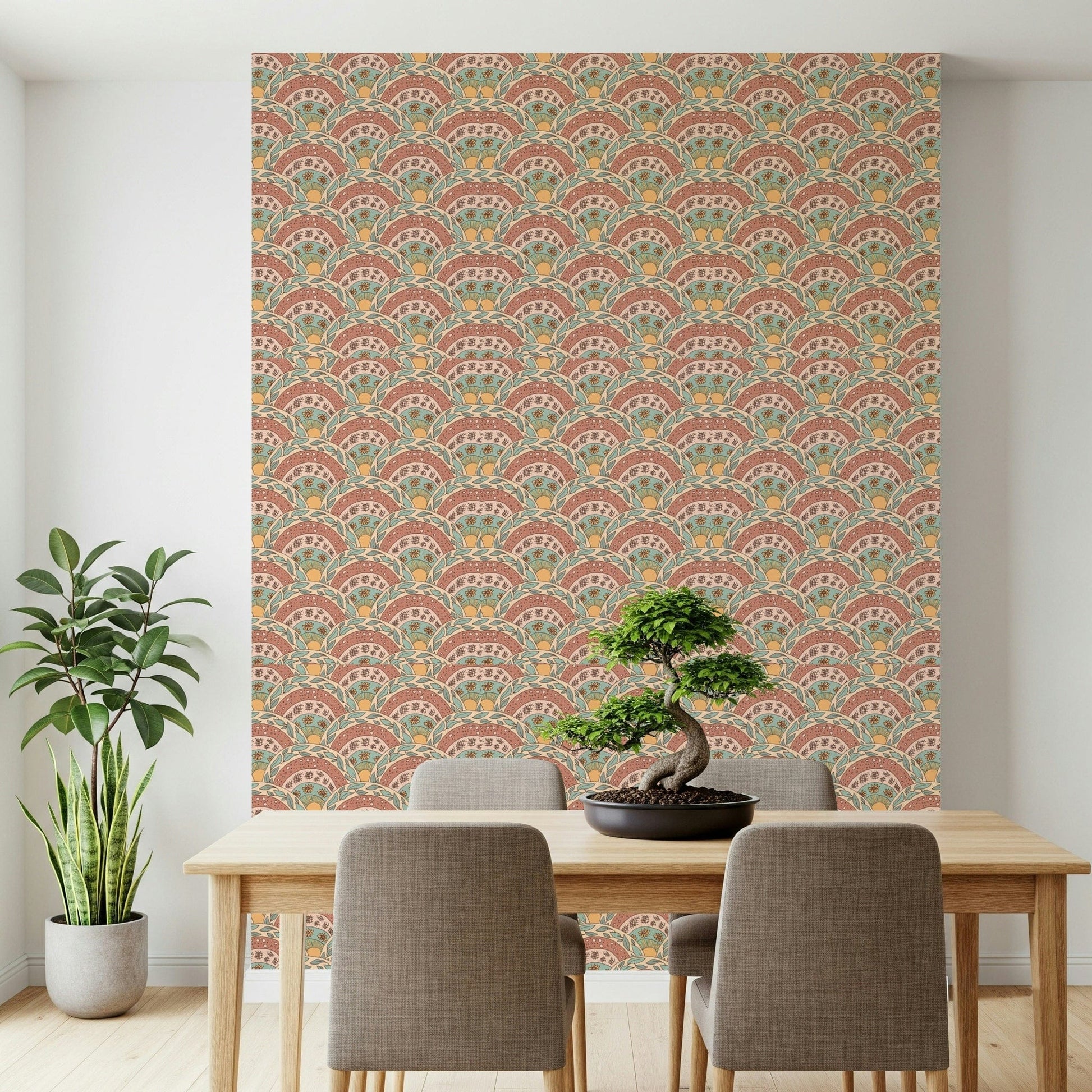 Boho-style sunburst floral pattern with warm earthy tones and radiating petals.
