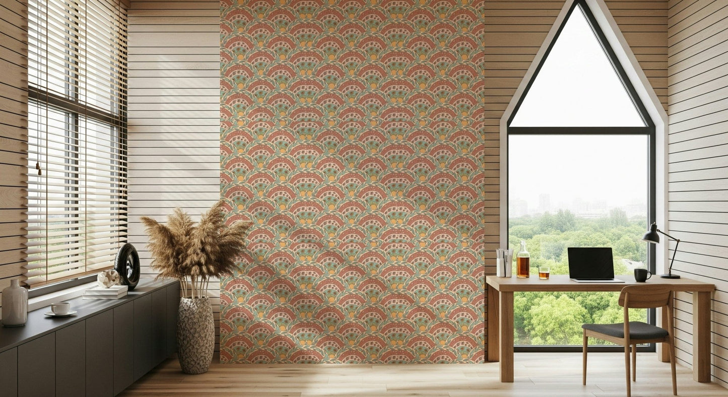 Bohemian sunburst flowers arranged in a repeating, earthy-toned design.