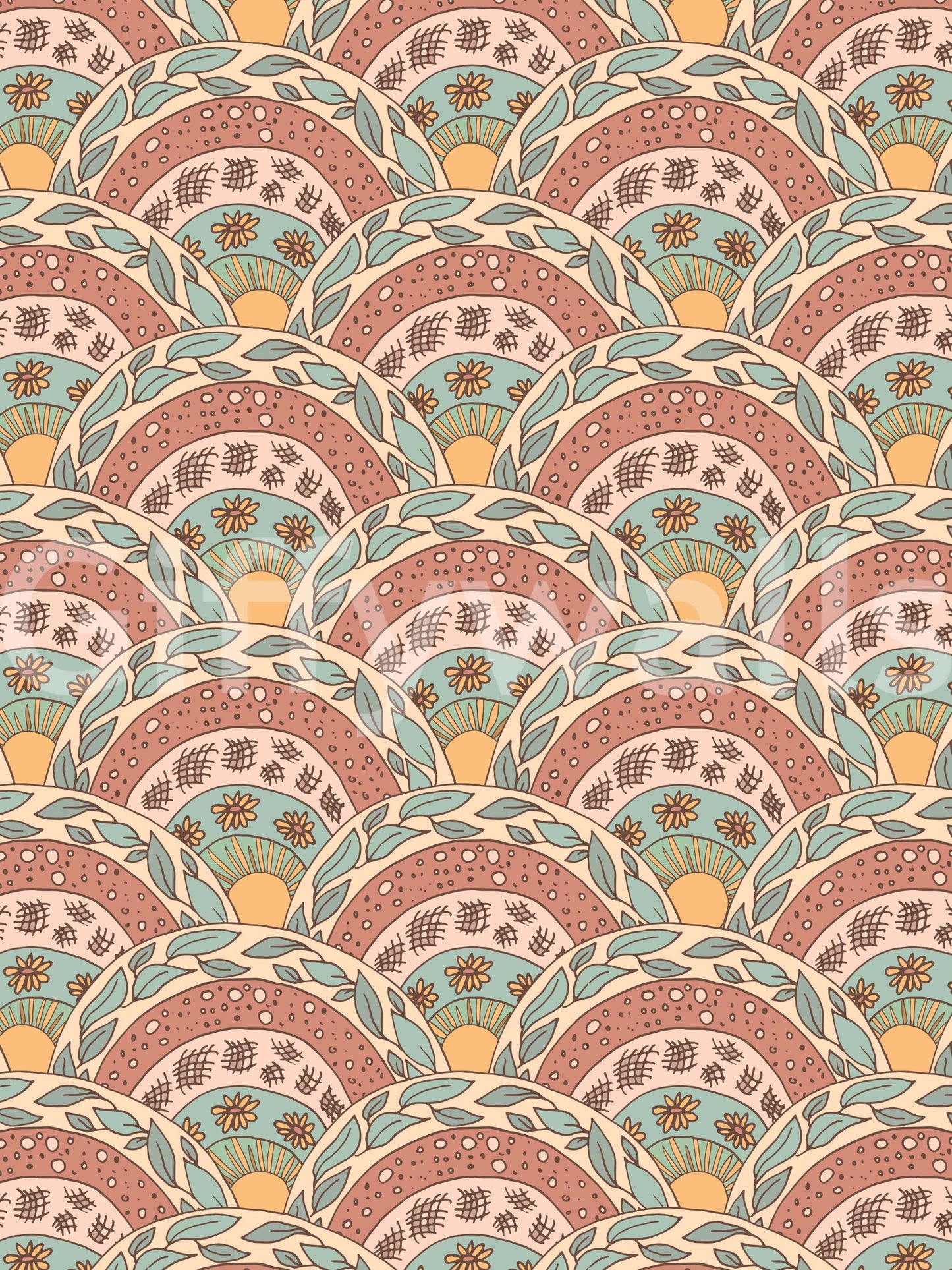 Stylized boho flowers with radiant centers creating a dreamy sunburst effect.