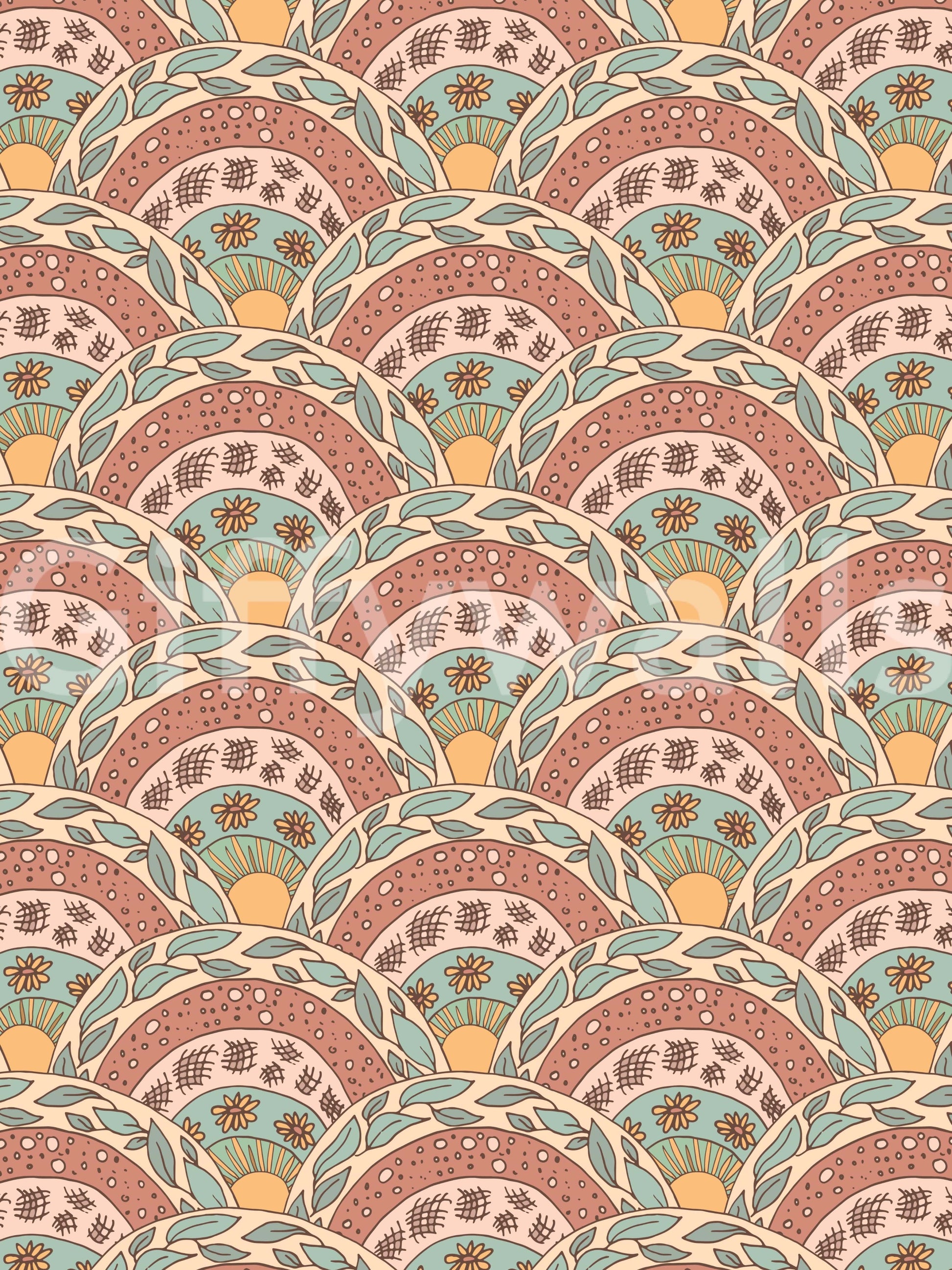 Stylized boho flowers with radiant centers creating a dreamy sunburst effect.