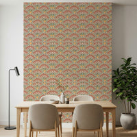 Earthy boho florals with sunburst centers forming a calming wall design.