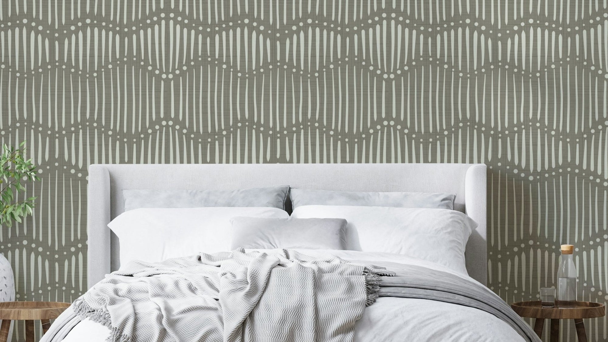 The image shows a full wall with a repeating design of gentle, wavy lines.

