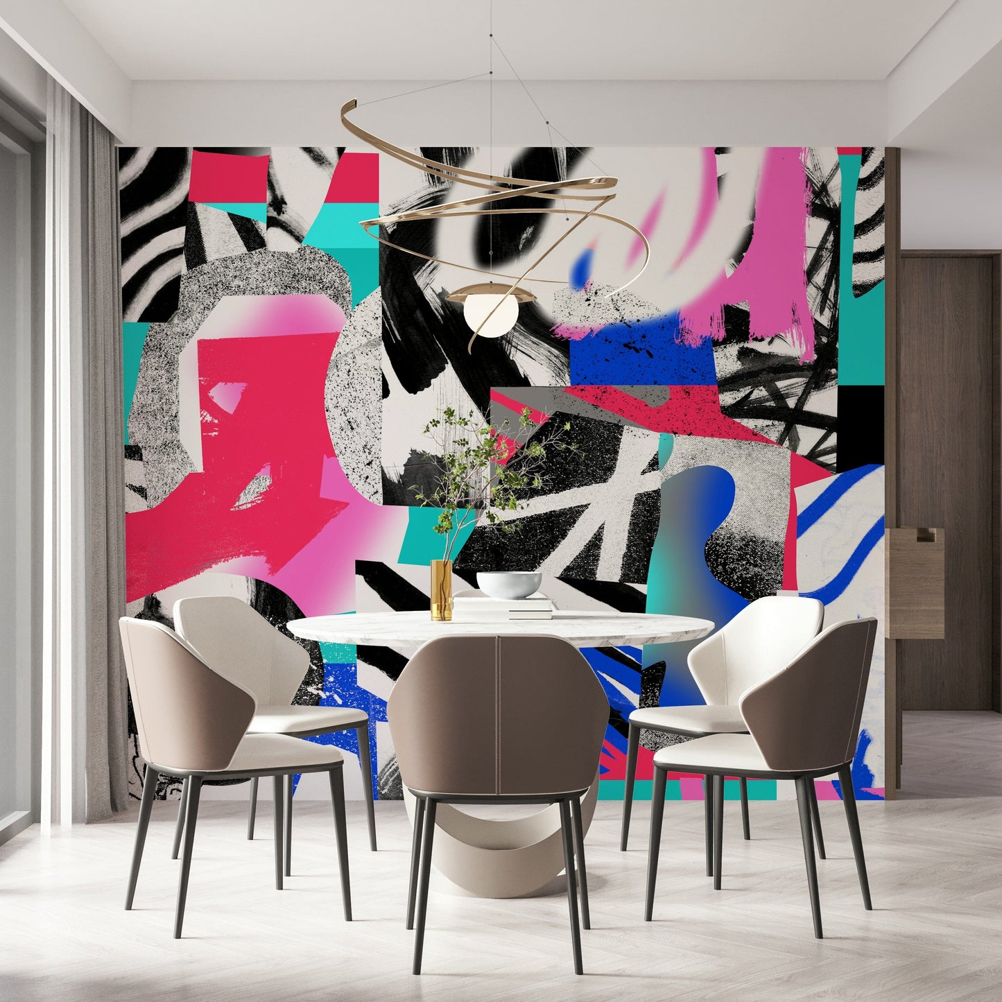 An artistic abstract shape mural on minimalist wallpaper.
