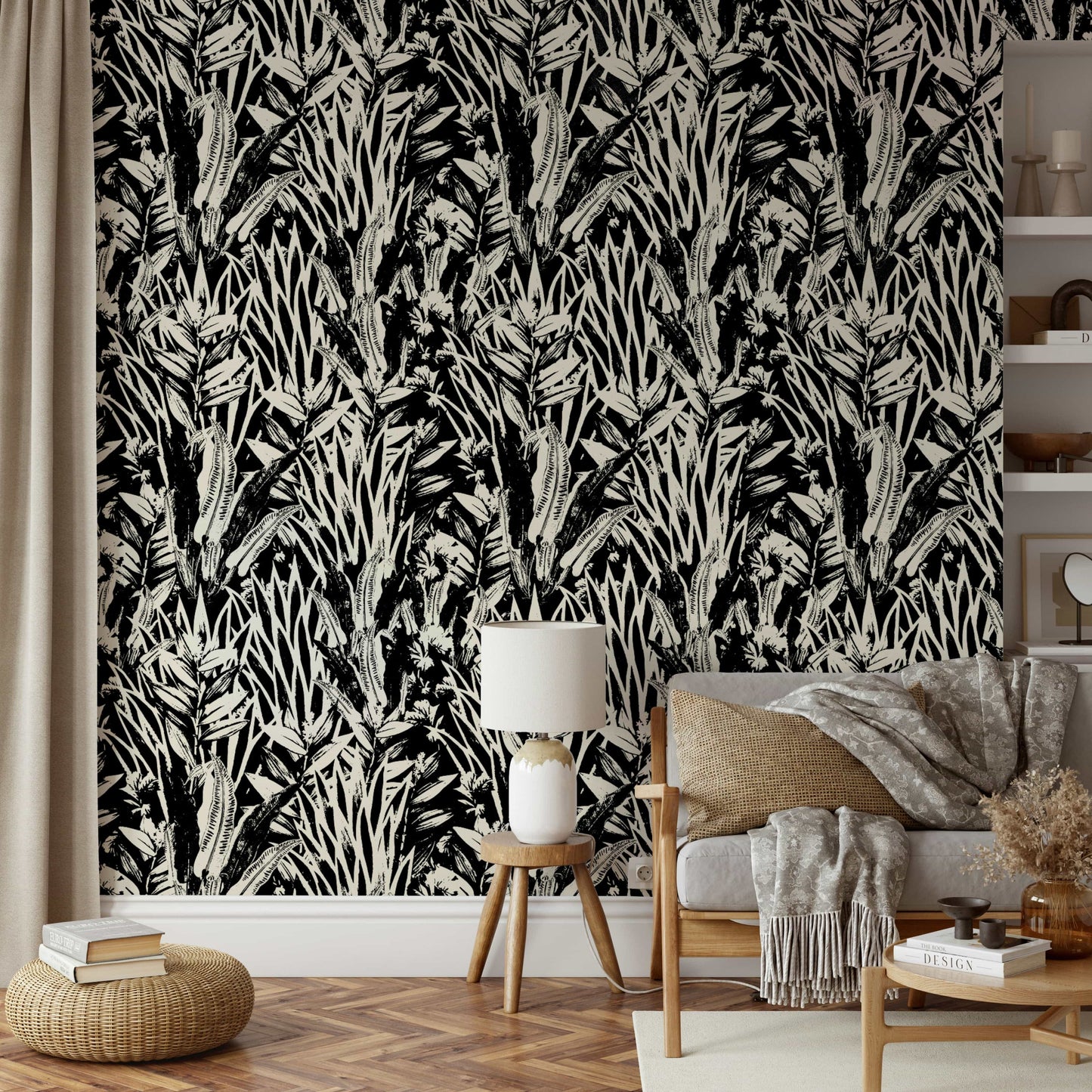 The image features stylized or abstract leaf shapes.
