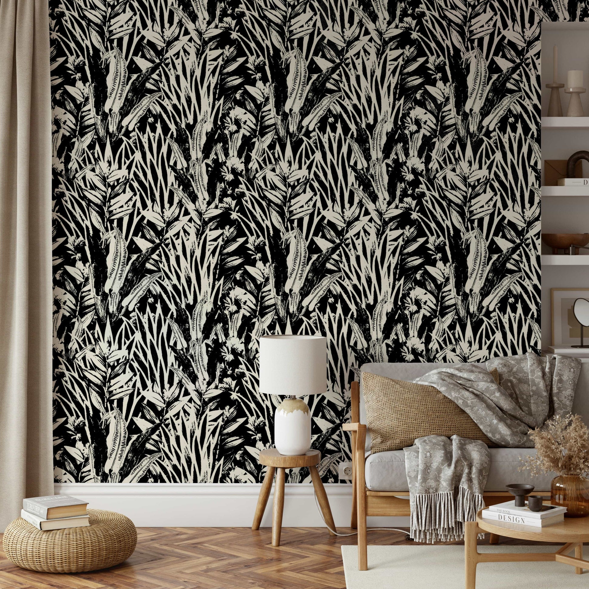 The image features stylized or abstract leaf shapes.
