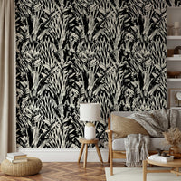 The image features stylized or abstract leaf shapes.
