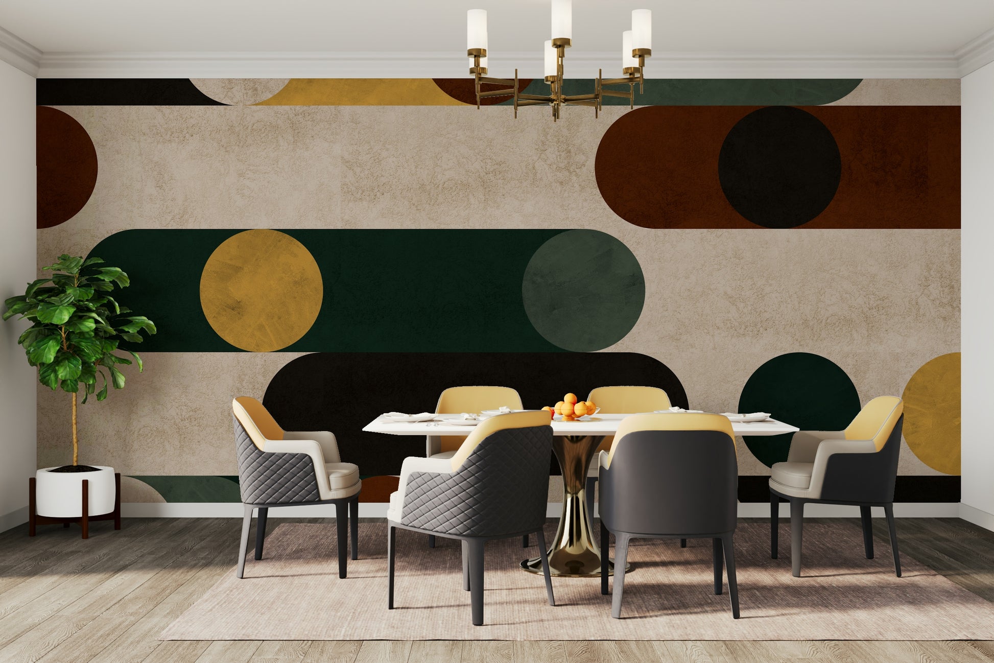 Wallpaper with bold graphic design featuring circles and lines in a dynamic layout.

