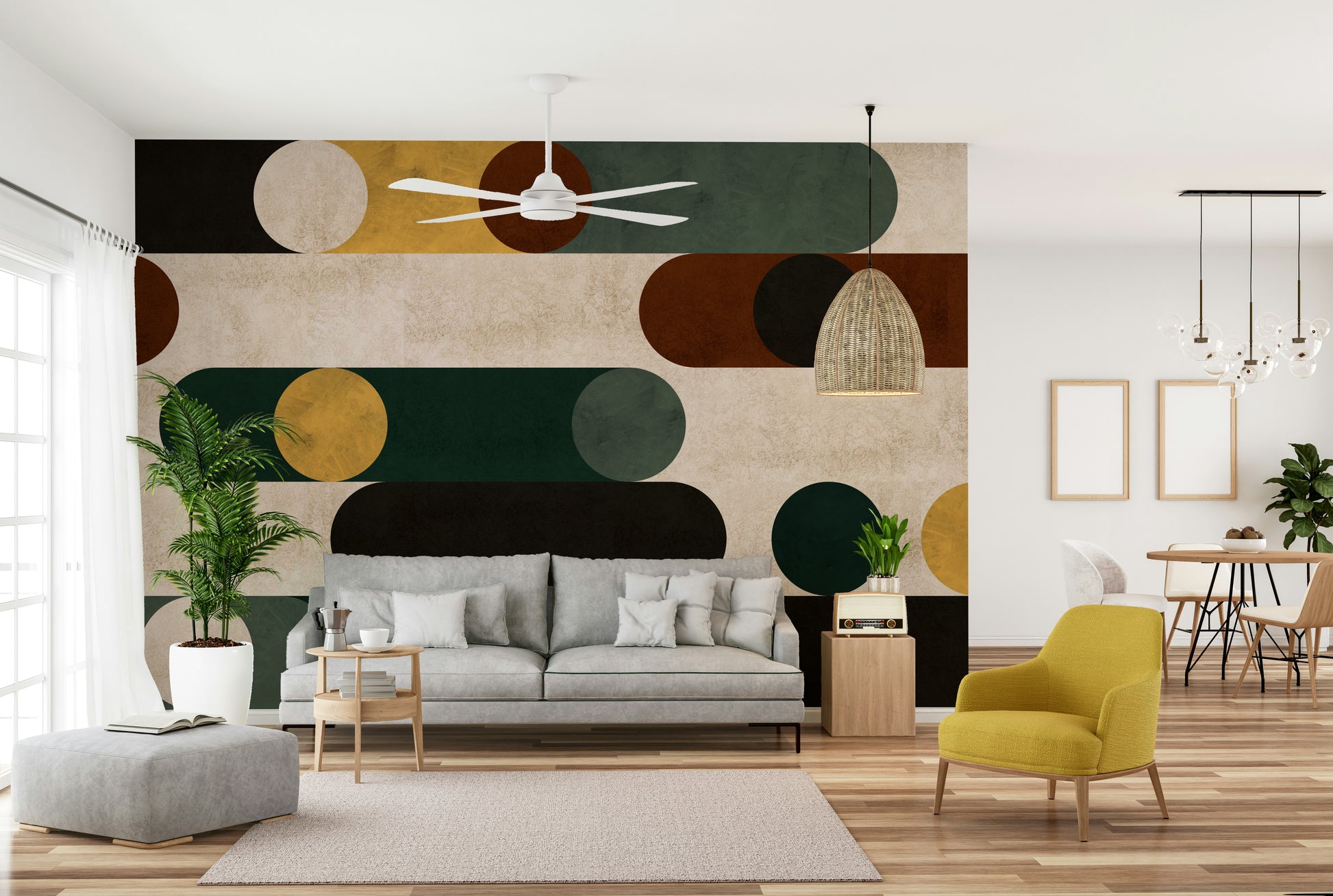 Geometric-inspired mural with overlapping circles and sharp lines.

