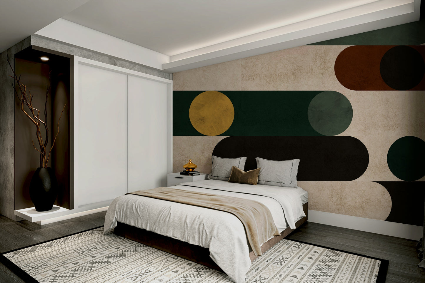 Clean and striking wall mural with bold circles and lines in a geometric pattern.

