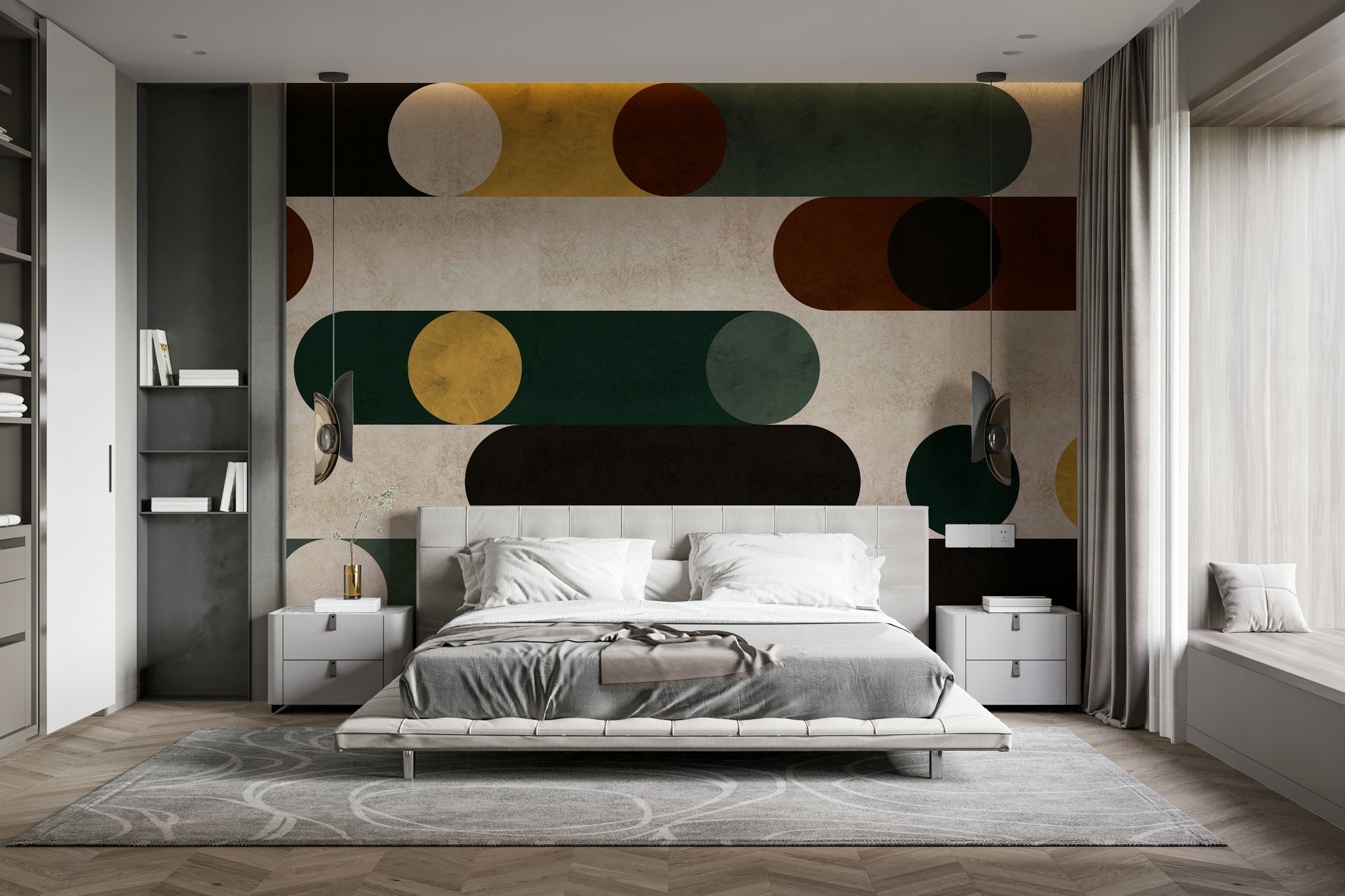 Wallpaper featuring large circles and geometric lines for a modern aesthetic.

