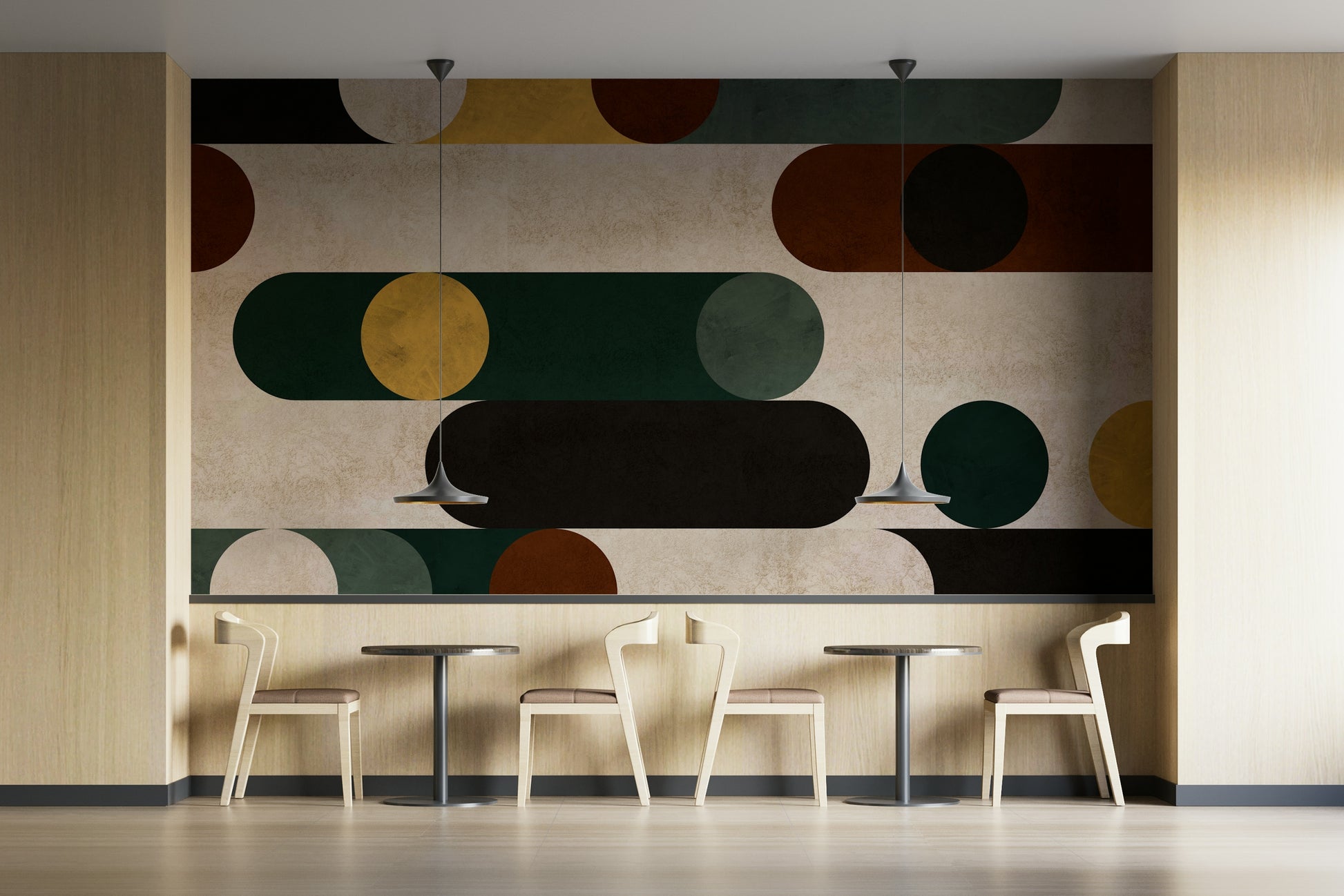 Bold, modern wall mural with geometric elements in black, white, and primary colors.

