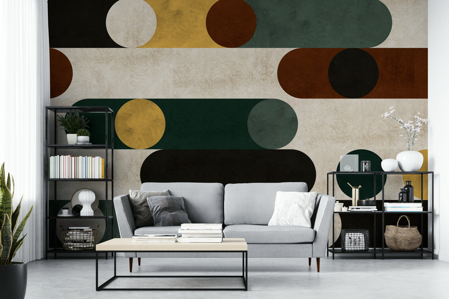 Wallpaper mural with bold graphic circles and lines in dynamic arrangement.

