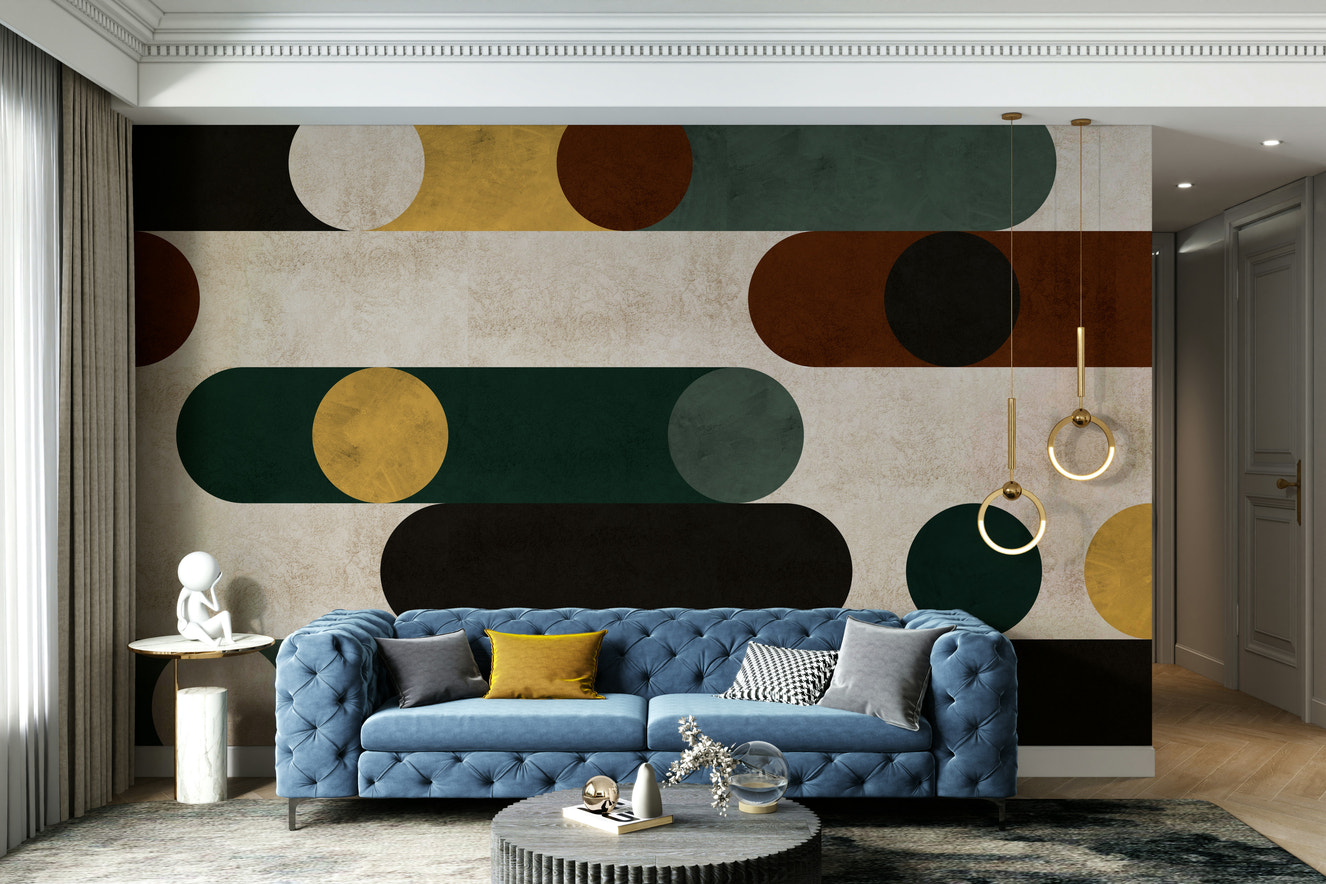 Geometric wall mural with striking circles and clean lines.

