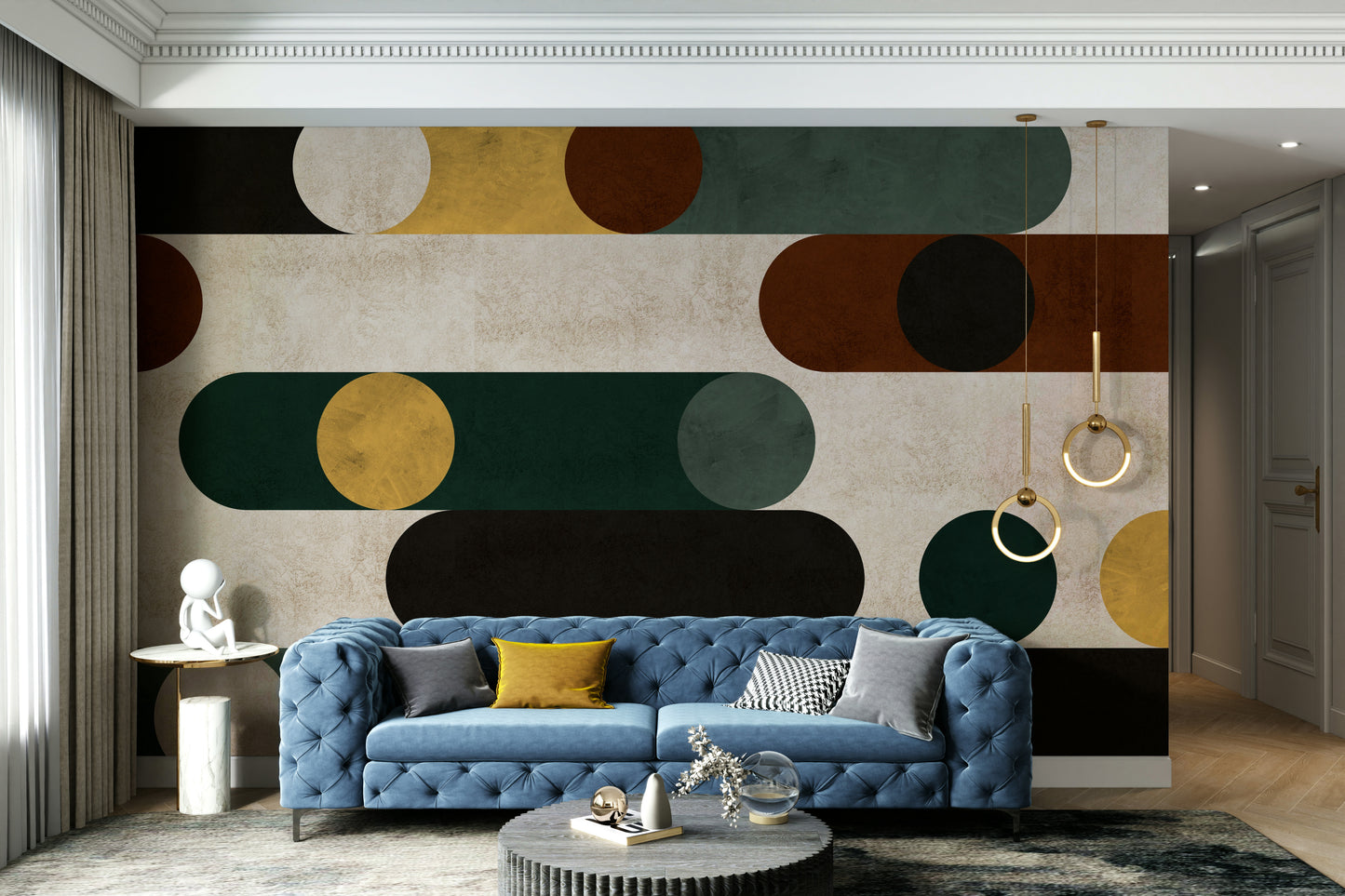 Geometric wall mural with striking circles and clean lines.

