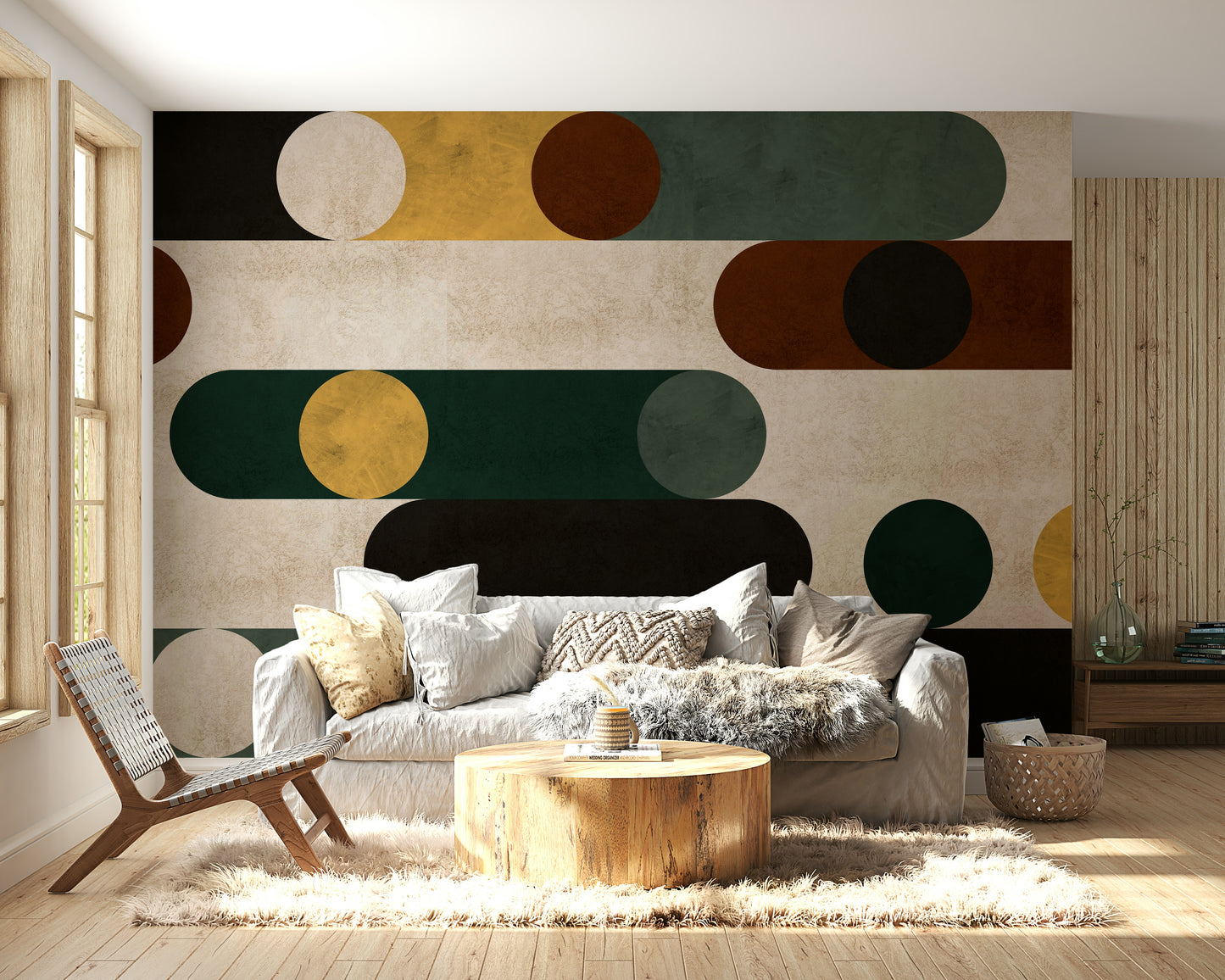 Modern wall mural with large circles and intersecting lines in bold design.

