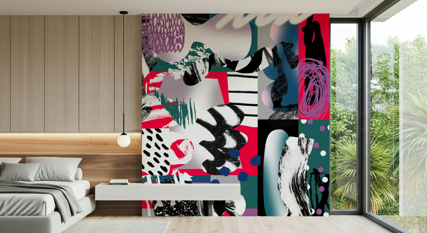 A beautiful abstract art wallpaper mural with clashing, bold colors.