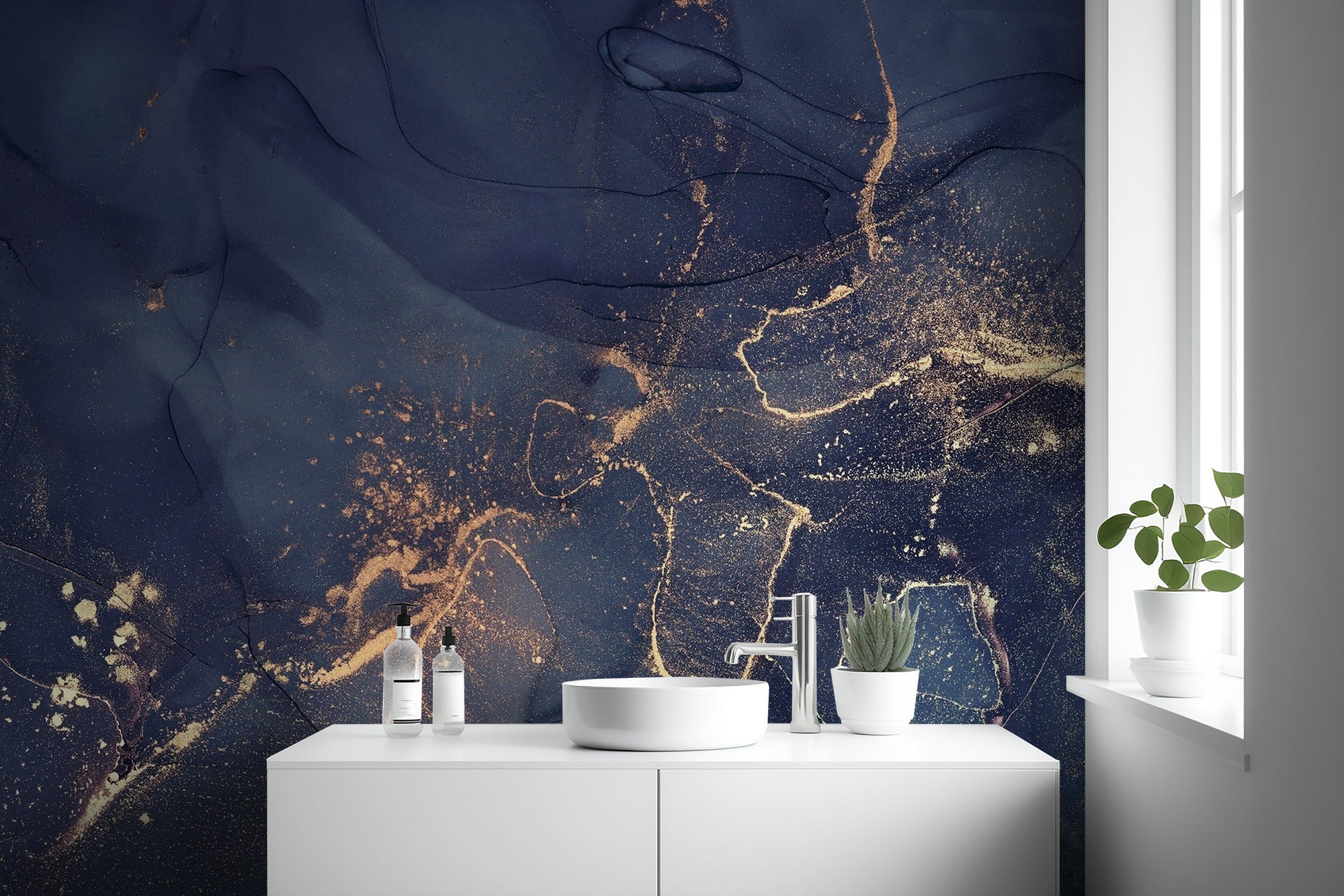 Dark Blue Alcohol Art wallpaper mural shown as a full feature wall that highlights the design