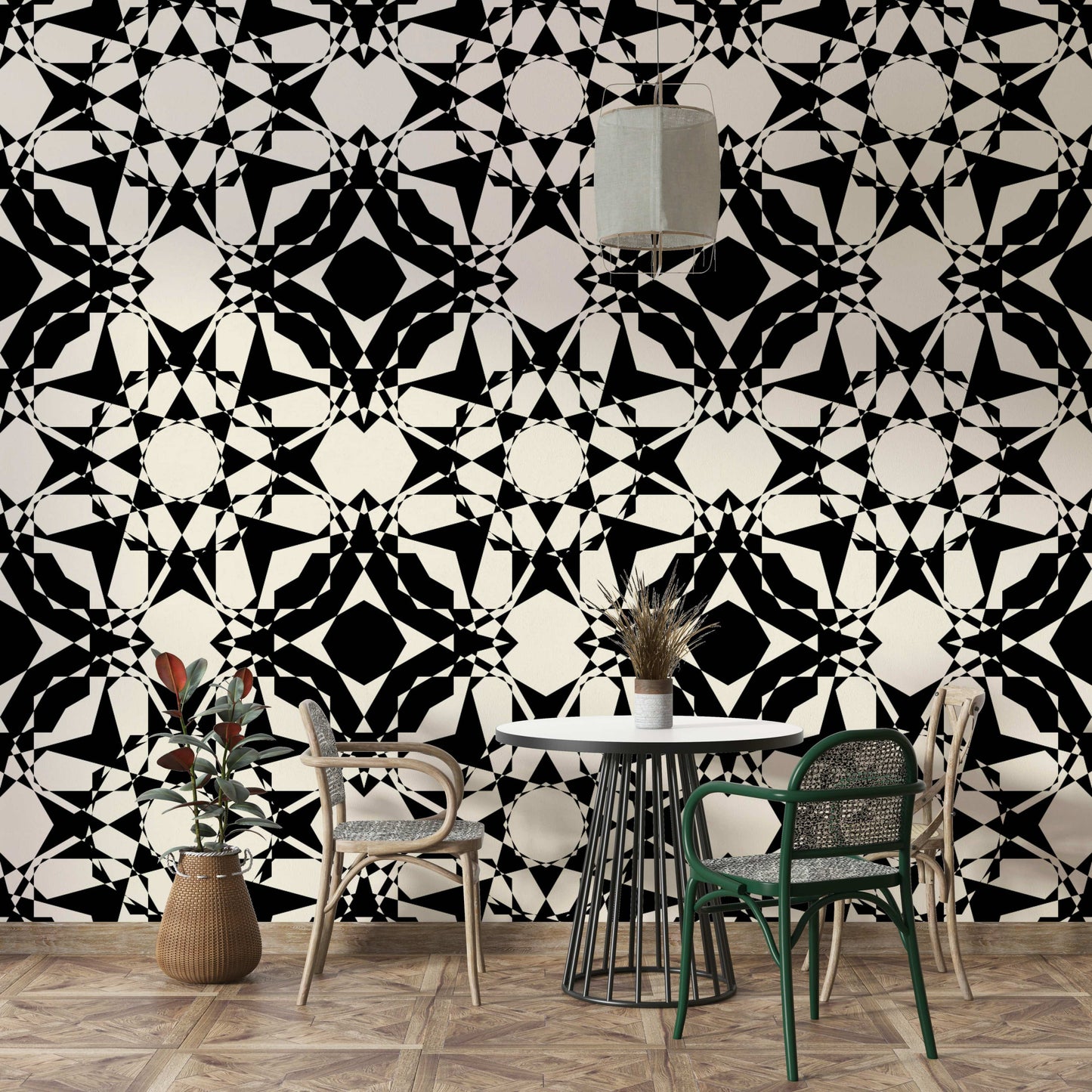 Monochrome star pattern wallpaper for home interiors.
