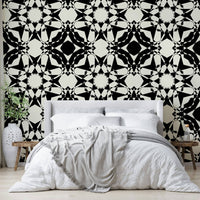 Modern geometric kaleidoscope wallpaper in black.
