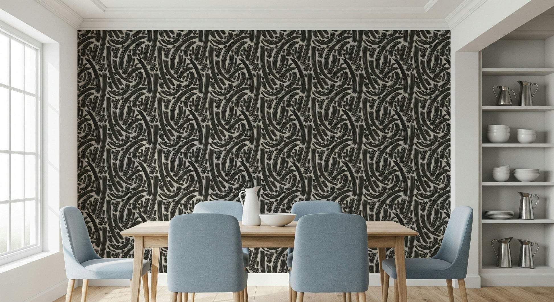 A graceful subtle line wall mural in cool, natural tones.


