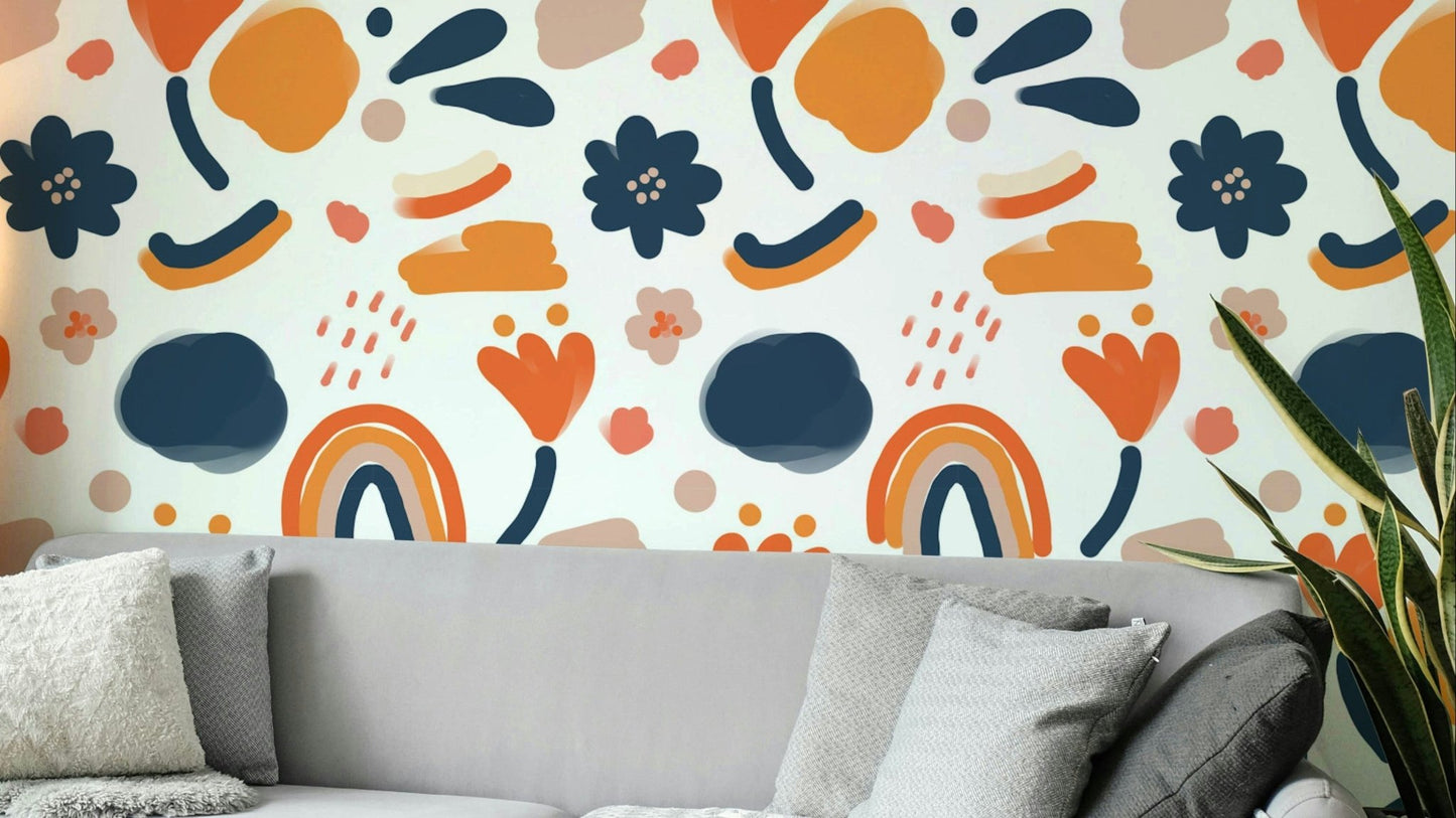 Bold Retro Floral Wallpaper with vibrant flower design.

