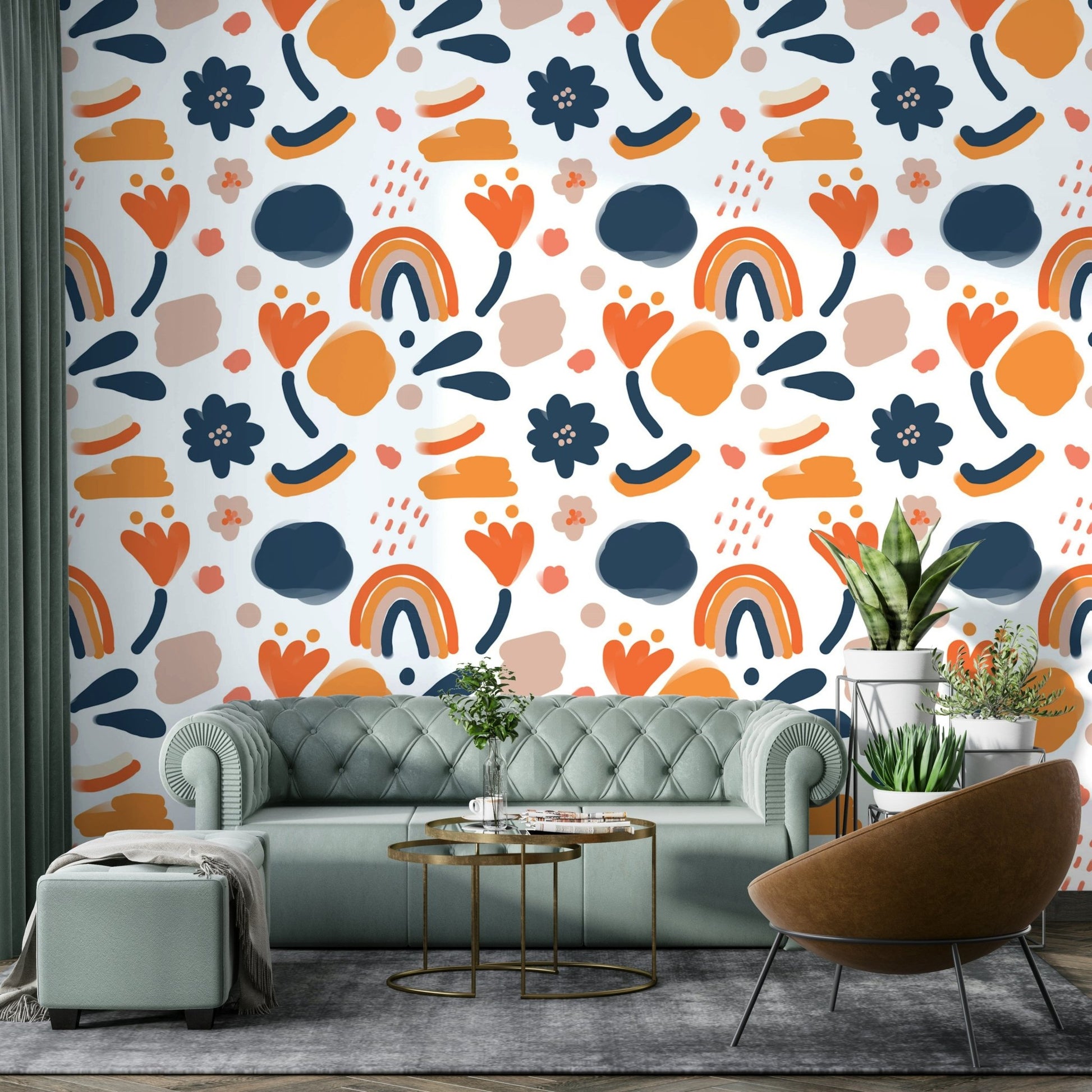 Retro floral wallpaper for walls with vibrant color.

